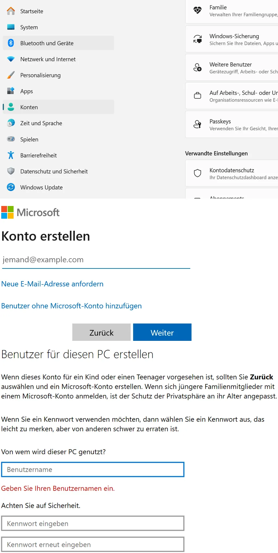Screenshots: Windows-Einstellungen unter Konten, der Dialog Konto erstellen mit der Option Benutzer ohne Microsoft-Konto hinzufuegen sowie das Fenster Benutzer fuer diesen PC erstellen.