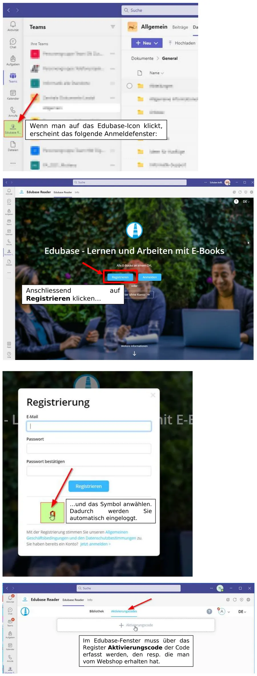 Auszug aus der Broschuere: Screenshots des Edubase-Symbols in Teams und der Anmeldung im Reader.