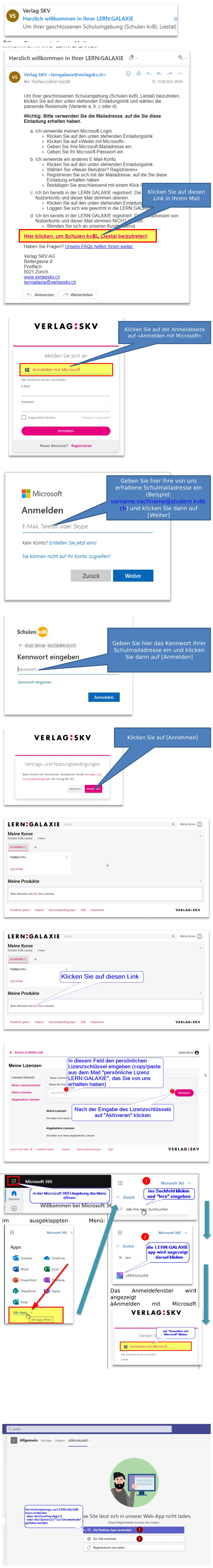 Auszug aus der Broschuere: Screenshots zur Aktivierung von LERN:GALAXIE und MODU:LAB.