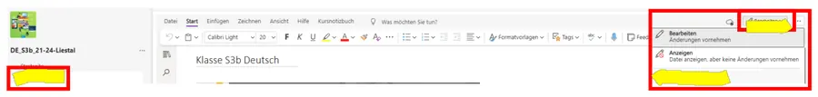 Auszug aus der Broschuere: Screenshot des Klassennotizbuchs in Teams mit rot markiertem Menue Bearbeiten.