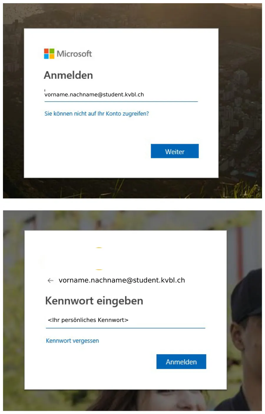 Auszug aus der Broschuere: Screenshots der Outlook-Anmeldung.