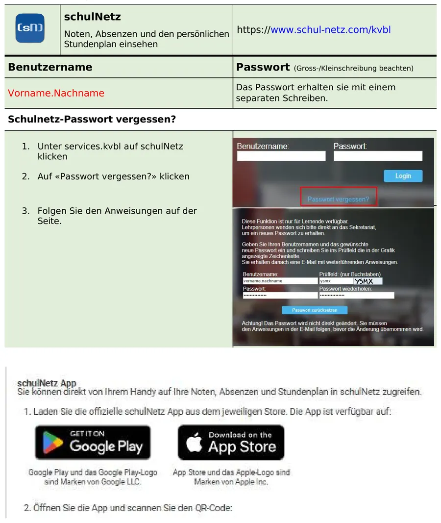 Auszug aus der Broschuere: Screenshots der Schulnetz-Anmeldung und der Smartphone-App.