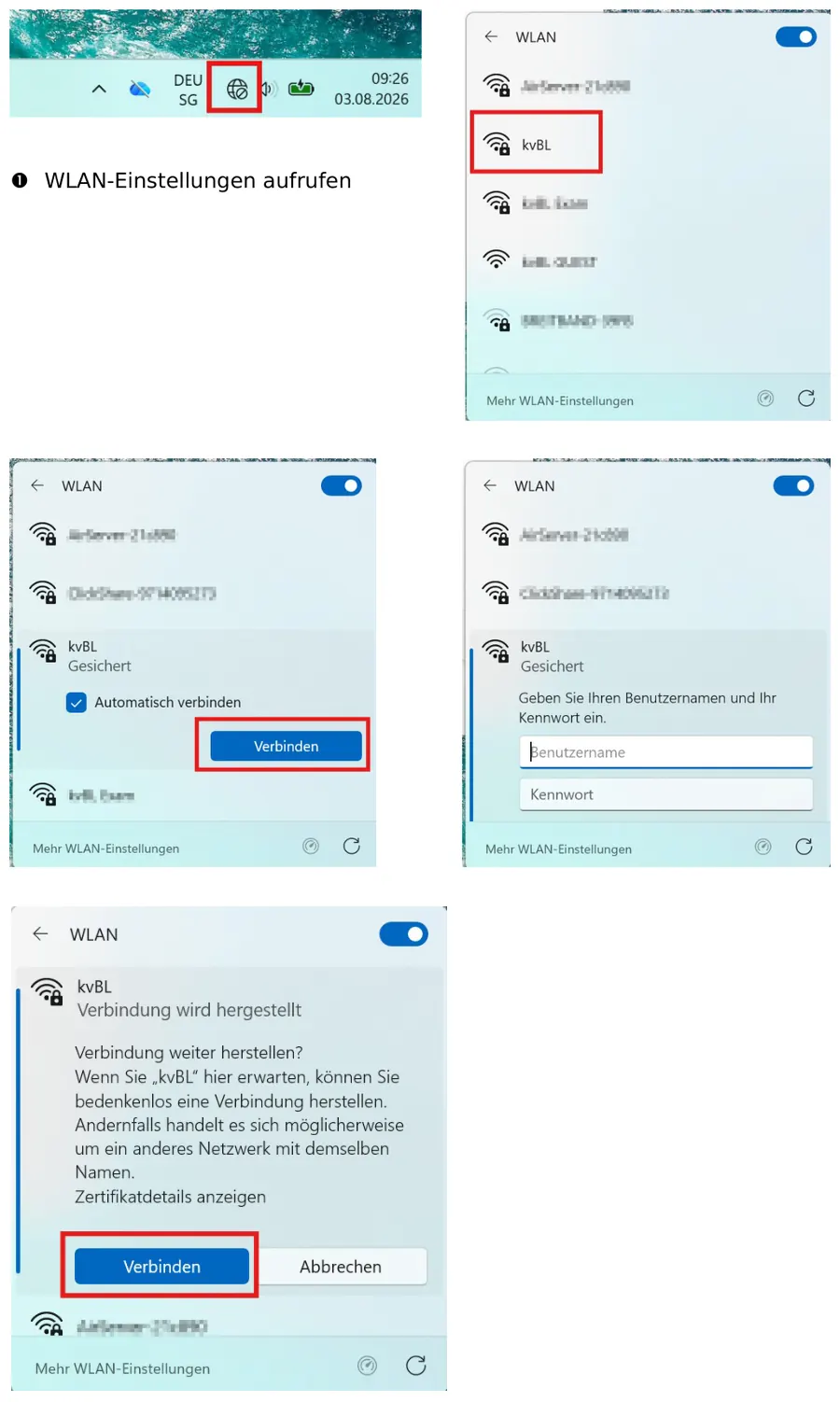 Auszug aus der Broschuere: Screenshots der WLAN-Einstellungen mit rot markierten Schaltflaechen.
